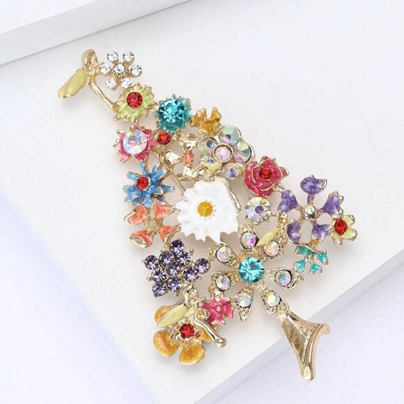 LARGE Crystal Studded Enamel and Goldtone CHRISTMAS TREE Brooch COLORFUL A15S2 - Picture 5 of 6